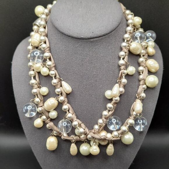 Chico's Glass Pearl Long Necklace,  Clear Globe Beads, 41 Inches, Beige Ribbon - Picture 6 of 11